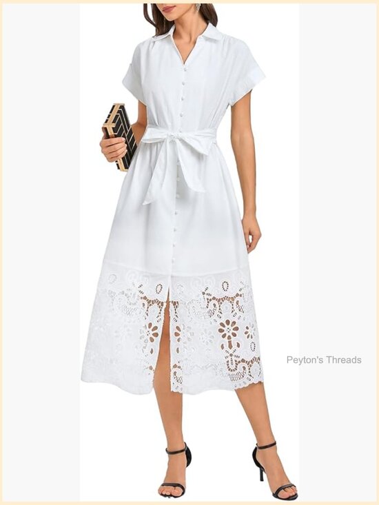 Dresses & Skirts - Button Down Shirt Dress Belted Short Sleeve Midi A-Line Business Dress